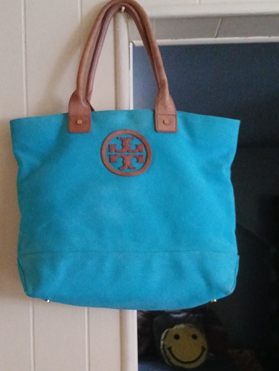 Tory Burch Handbags - Tory Burch Turquoise Canvas Tote with Brown Leather Trim and Logo
